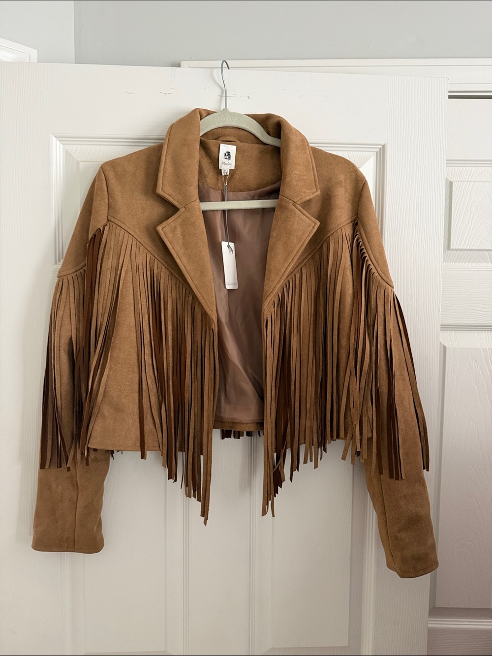 Cropped Fringe Suede Jacket in Tan